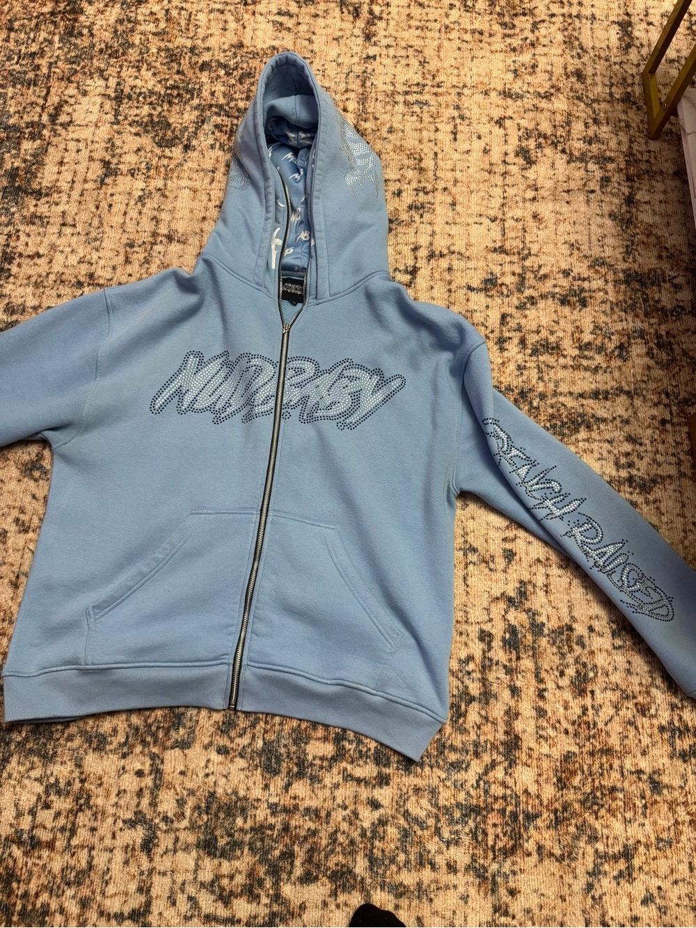 Blue Zip-Up Hoodie with Script Rhinestone Logo